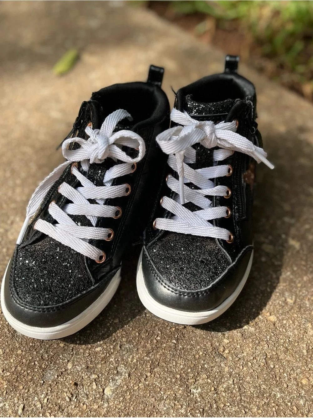 Skechers Kids Black High-Top Sneakers with Rose Gold Star Accents Size 12
